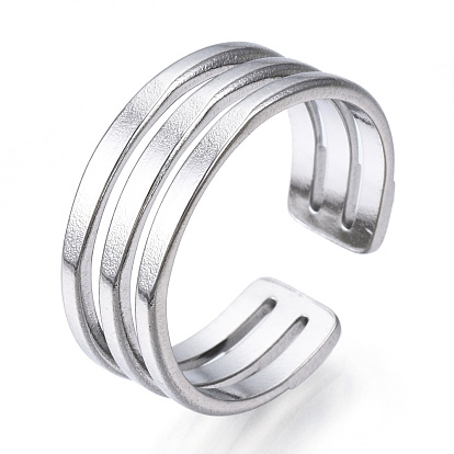 304 Dreireihiger offener Manschettenring aus Edelstahl, hohler klobiger Ring für Frauen