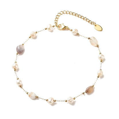 Natural Gemstone & Pearl Beaded Anklet, Gold Plated Stainless Steel Jewelry for Women