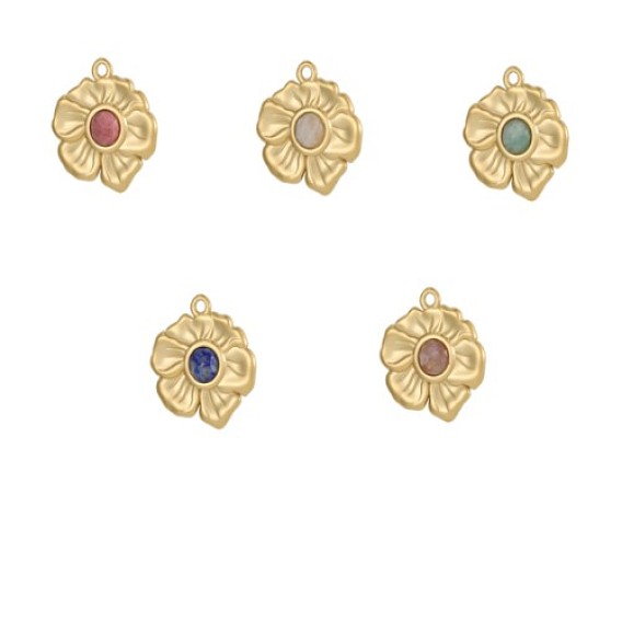 304 Подвески из нержавеющей стали и бусин из натуральных драгоценных камней, цветочный шарм, ионное покрытие (ip), реальный 18 k позолоченный