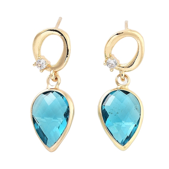 Brass Micro Pave Cubic Zirconia Stud Earrings, Glass Teardrop Drop Earrings