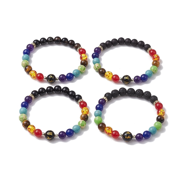 10 круглые эластичные браслеты из натурального обсидиана om mani и 8круглых камней из смешанных камней {3} мм., браслеты из чакр для женщин и мужчин