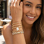 Rectangle with Heart 304 Stainless Steel Charm Bracelets, Round Brass Beads Stretch Bracelets for Women