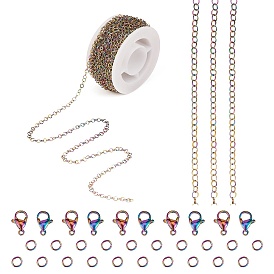 Kit de fabrication de bijoux de chaîne de bricolage, y compris le placage ionique de couleur arc-en-ciel (ip) 304 chaînes en acier inoxydable 5 m rolo et 10 fermoirs à griffes de homard en pièces et 20 anneaux de jonction en pièces, 1 bobine en plastique pc