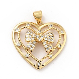 Rack Plating Brass Micro Pave Clear Cubic Zirconia Pendants, Long-Lasting Plated, Lead Free & Cadmium Free, Heart with Bowknot