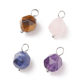 Faceted Natural Gemstone Pendants, with Platinum Tone Brass Loops, Star Cut Round Charm