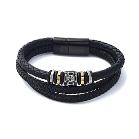 Men's Black PU Leather Cord Multi-Strand Bracelets, Skull 304 Stainless Steel Link Bracelets with Magnetic Clasps