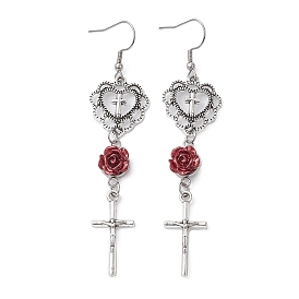 Alloy Heart & Cross & Resin Rose Dangle Earrings, Long Drop Earrings for Women