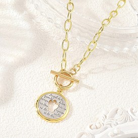 Duo Tone Brass Hollow Coin Pendant Paperclip Chain Necklaces with OT Clasps