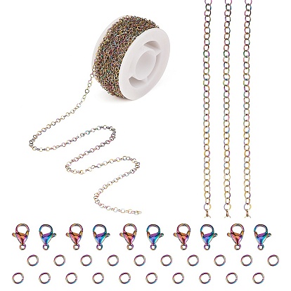 Kit de fabrication de bijoux de chaîne de bricolage, y compris le placage ionique de couleur arc-en-ciel (ip) 304 chaînes en acier inoxydable 5 m rolo et 10 fermoirs à griffes de homard en pièces et 20 anneaux de jonction en pièces, 1 bobine en plastique pc