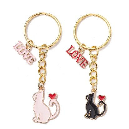 Брелки-подвески из сплава и эмали ко дню святого валентина, с железными разъемными кольцами для ключей, кошелек, украшение для рюкзака, кошка, люблю сердце