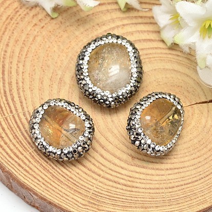 Flat Round Natural Citrine Beads, with Polymer Clay Rhinestones, 20~23x17~19x10mm, Hole: 1mm