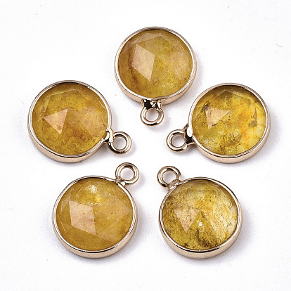 Glass Charms, with Light Gold Tone Brass Findings, Flat Round, Faceted