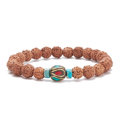 Mala Beads Bracelet, Natural Rudraksha & Imperial Jasper & Synthetic Coral Beaded Stretch Bracelet for Women