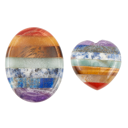 2Pcs 2 Style Chakra Worry Stone for Anxiety Therapy, Assembled Natural Amethyst & Lapis Lazuli & Sodalite & Green Aventurine & Tiger Eye & Topaz Jade & Red Jasper, Oval & Heart