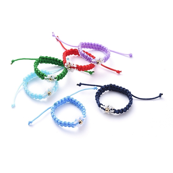 Adjustable Nylon Cord Braided Bead Rings, with Brass Round Beads