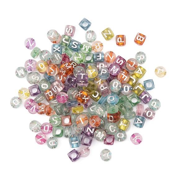 407pcs 3 style transparente Acrylperlen, mit Glitzerpulver, Metall umschlungen, horizontales Loch, gemischte Formen mit Buchstaben