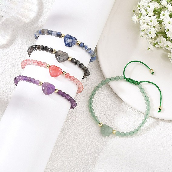 Adjustable Natural & Synthetic Mixed Gemstone Heart and Round Braided Bead Bracelets for Women