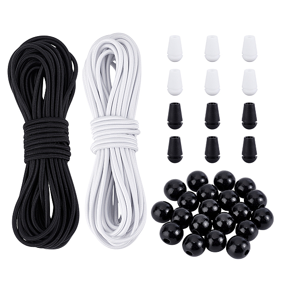 Комплекты фурнитуры из резинового эластичного шнура, пластиковых наконечников и бусин из натурального дерева