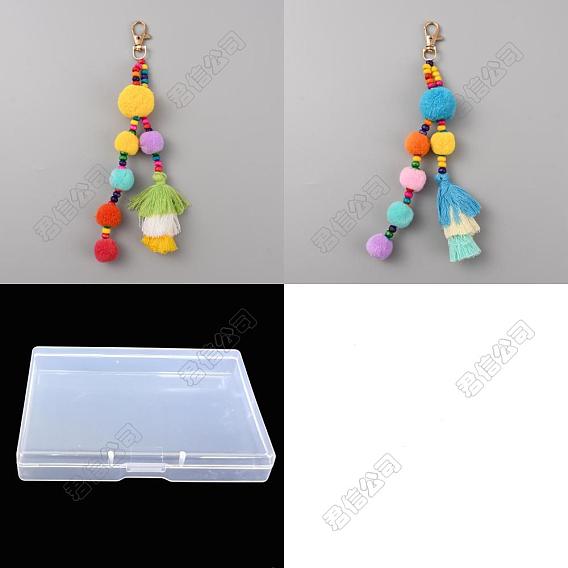 2Pcs 2 Colors Colorful Boho Pompom Ball Tassel Polyester Pendant Decorations with Wood Bead for Women, for Keychain Car Keyring Handbag Bag Purse Pendant