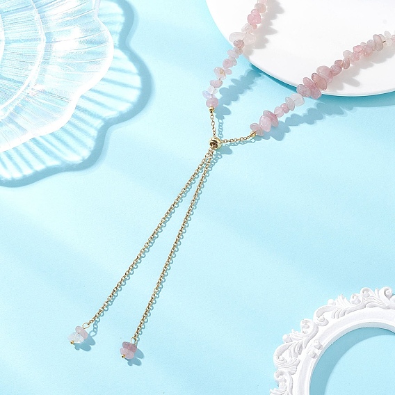 Регулируемые ожерелья из бусин из натурального розового кварца, 304 цепочка-слайдер из нержавеющей стали