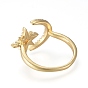 Brass Micro Pave Clear Cubic Zirconia Cuff Rings, Open Rings, Long-Lasting Plated, Star & Moon