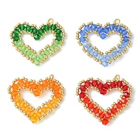4Pcs 4 Color Brass with Glass Pendants, Heart Charm