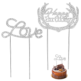 CRASPIRE 2Pcs 2 Styles Alloy & Rhinestone Cake Toppers, for DIY Cake Decoration, Word Love & Happy Birthday