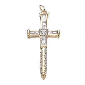 Brass Micro Clear Cubic Zirconia Pendants, Long-Lasting Plated, Sword