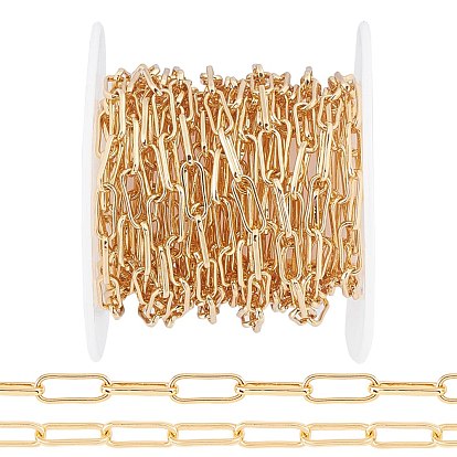 Soldered Brass Paperclip Chains, Flat Oval, Drawn Elongated Cable Chains, Long-Lasting Plated, Real 18K Gold Plated, with Spool