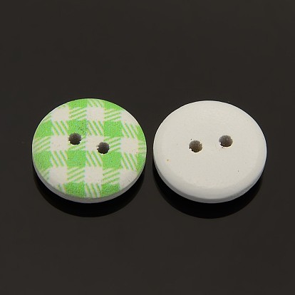 2-Hole Flat Round Tartan Pattern Printed Wooden Sewing Buttons, Dyed