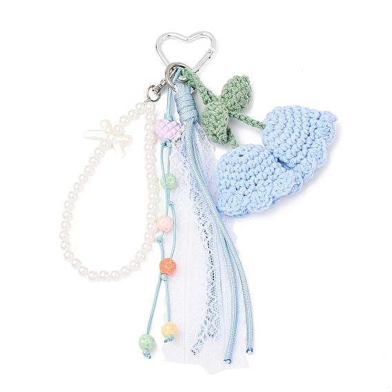 Подвеска ручной работы из хлопковой пряжи с ландышами, круглыми бусинами из АБС-пластика и полиэстеровым шнуром, с алюминиевыми застежками-сердечками для ключей