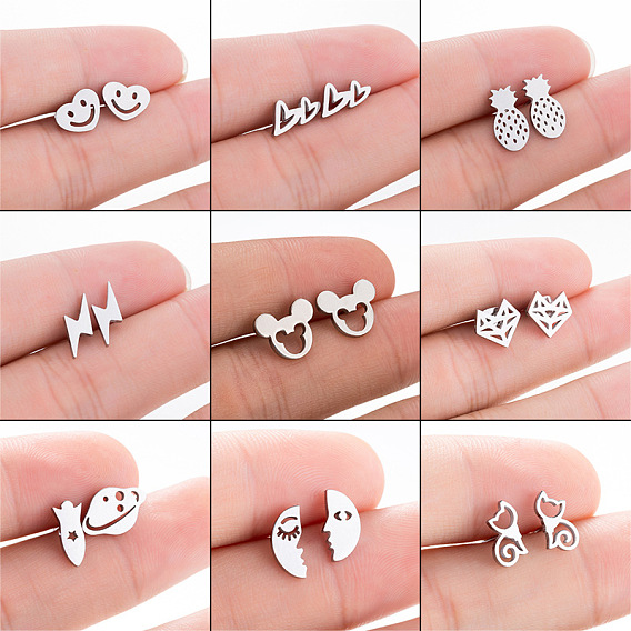 Геометрическое сердце, улыбающееся лицо, комплект серег с Микки и котом в виде ананаса и молнией