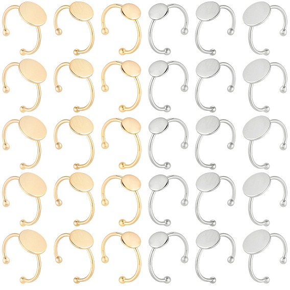 30Pcs 6 Styles Adjustable 304 Stainless Steel Finger Rings Components, Pad Ring Base Findings, Flat Round
