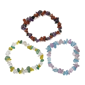 3Pcs 3 Style Natural & Synthetic Mixed Stone Chips Beaded Stretch Bracelets Set, Stackable Bracelets