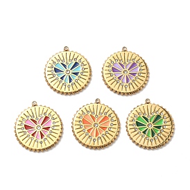 304 из нержавеющей стали горный хрусталь подвески, плоский круглый с сердечками, Эмаль стиле, вакуумное покрытие pvd, реальный 18 k позолоченный