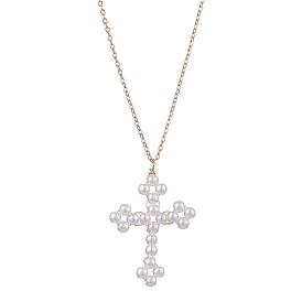 Cross Fleury Acrylic Imitation Pearl Pendant Necklaces, Iron Cable Chain Necklaces