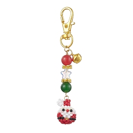 Christmas Santa Claus Handmade Glass Seed Beads Pendant Decorations, Round Natural & Dyed Malaysia Jade & Swivel Lobster Clasp Charms for Bag Ornaments