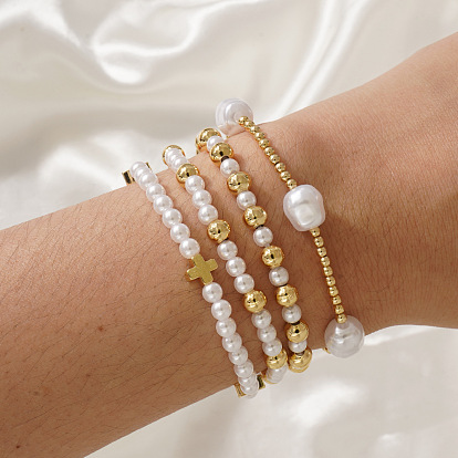 4шт. 4 Стильные элегантные браслеты из искусственного жемчуга и латунных бусин на эластичной основе для женщин, крест и круглый