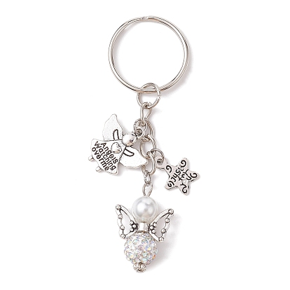 Angel Polymer Clay Rhinestone Keychains, with Alloy Charms and Iron Split Key Rings