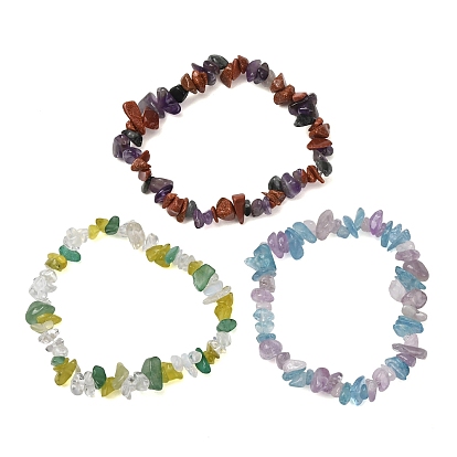 3Pcs 3 Style Natural & Synthetic Mixed Stone Chips Beaded Stretch Bracelets Set, Stackable Bracelets