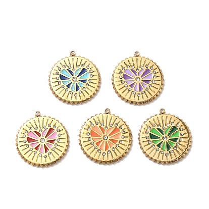 304 из нержавеющей стали горный хрусталь подвески, плоский круглый с сердечками, Эмаль стиле, вакуумное покрытие pvd, реальный 18 k позолоченный