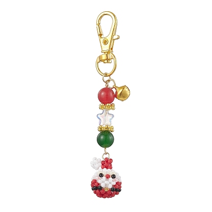 Noël père noël perles de rocaille en verre faites à la main pendentif décorations, Breloques rondes en jade de malaisie naturel et teint, fermoir mousqueton pivotant pour ornements de sacs