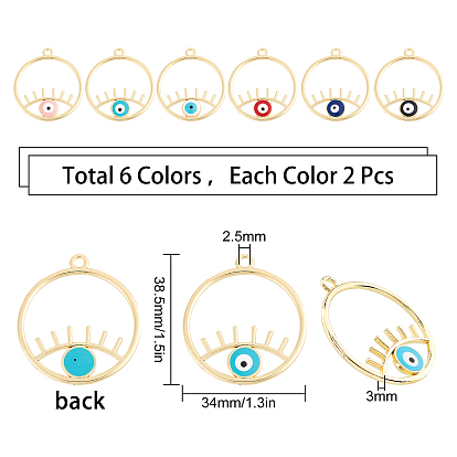 SUNNYCLUE 12Pcs 6 Colors Alloy Enamel Pendants, Ring with Evil Eye, Cadmium Free & Lead Free