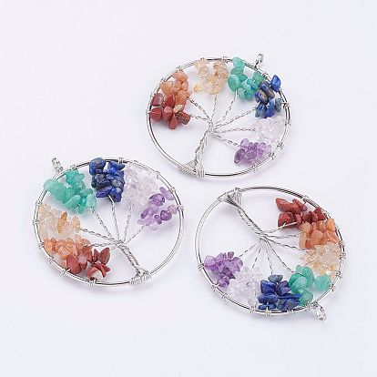 Фишки драгоценные камни большие кулоны, с латунной фурнитурой платинового цвета, древо жизни