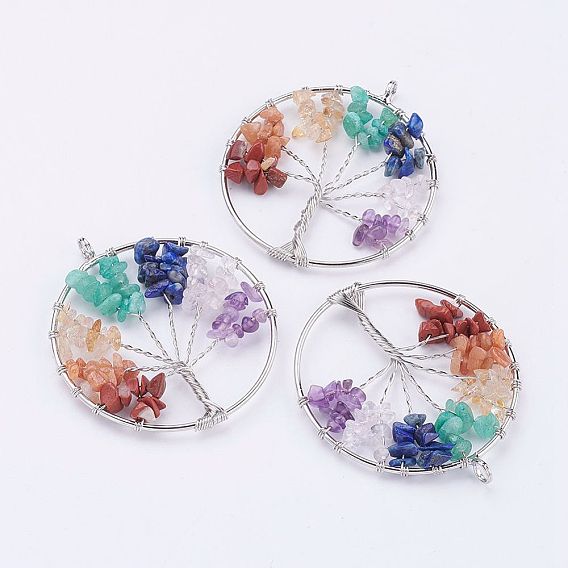 Фишки драгоценные камни большие кулоны, с латунной фурнитурой платинового цвета, древо жизни