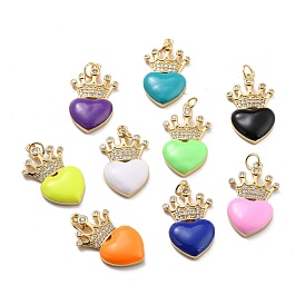 Brass Cubic Zirconia Pendants, with Enamel & Jump Ring, Real 18K Gold Plated, Long-Lasting Plated, Lead Free & Cadmium Free, Heart & Crown