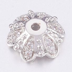 Brass Micro Pave Cubic Zirconia Bead Caps, 6-Petal, Platinum