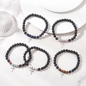 201 из нержавеющей стали шарм браслеты, Натуральные браслеты из смешанных драгоценных камней, эластичные, для мужчин и женщин., крестик