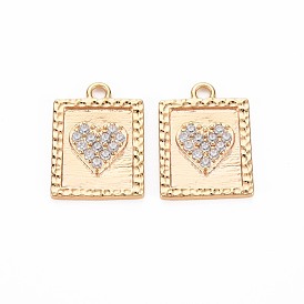 Brass Micro Pave Clear Cubic Zirconia Pendants, Nickel Free, Rectangle with Heart