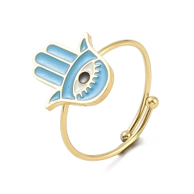 Hamsa Hand with Eye 304 Stainless Steel Enamel Ring, 316 Surgical Stainless Steel Open Cuff Ring for Women